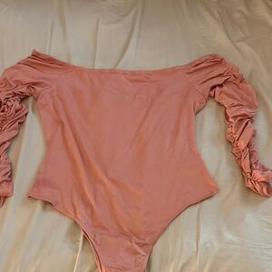 Fashion Nova Off-Shoulder Ruched Bodysuit in Peach